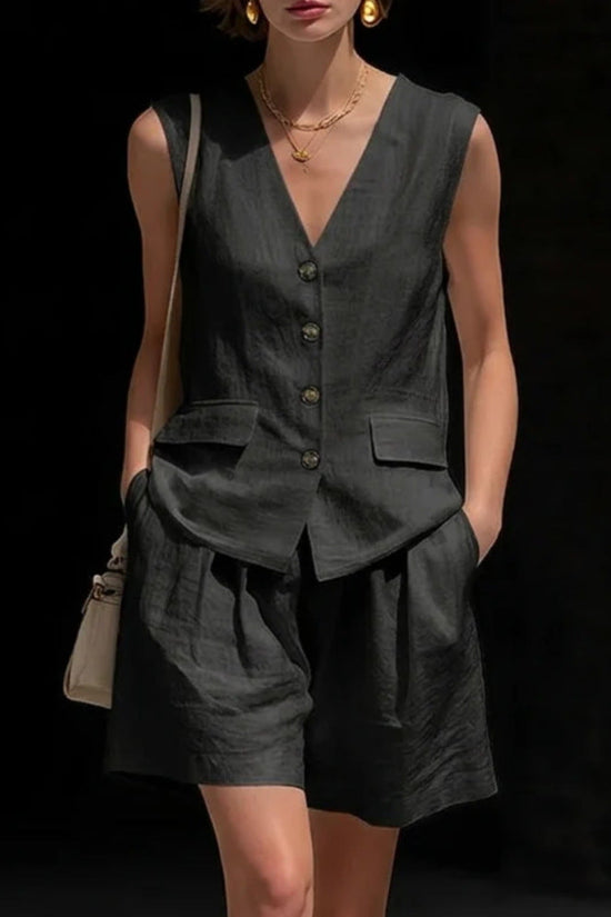 Womens Simple Elegant Cotton-Linen Vest Top And Shorts Two-Piece Set 
