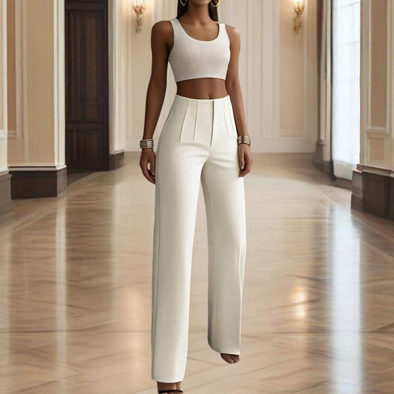 Women's High-Waisted Straight Leg Pants Casual Solid Color Pants With Button & Zipper Detail Comfortable Trousers With Pockets CJ US