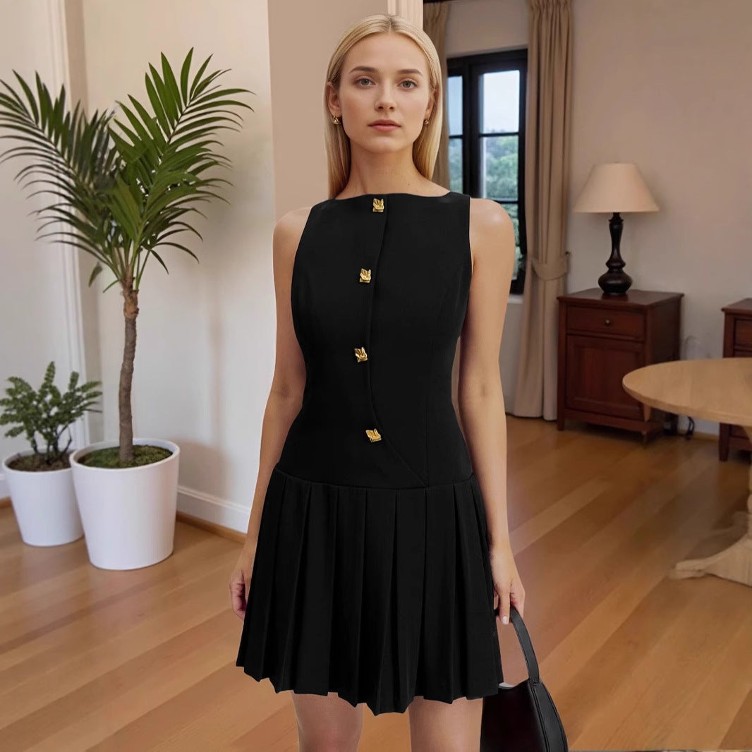 Wrinkled waist cinching solid color sleeveless short dress 