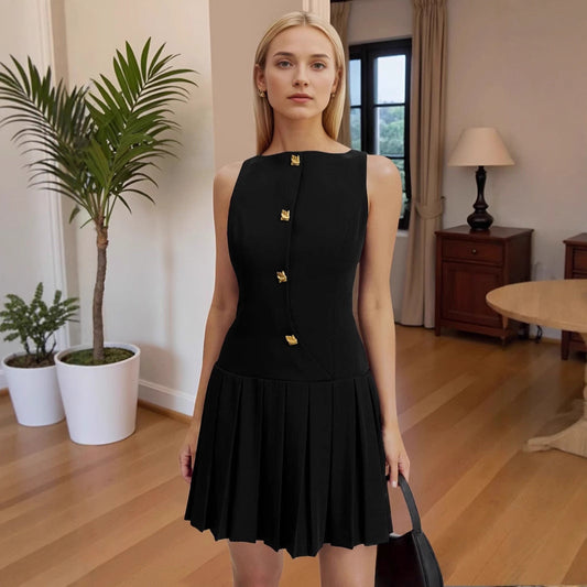 Wrinkled waist cinching solid color sleeveless short dress 