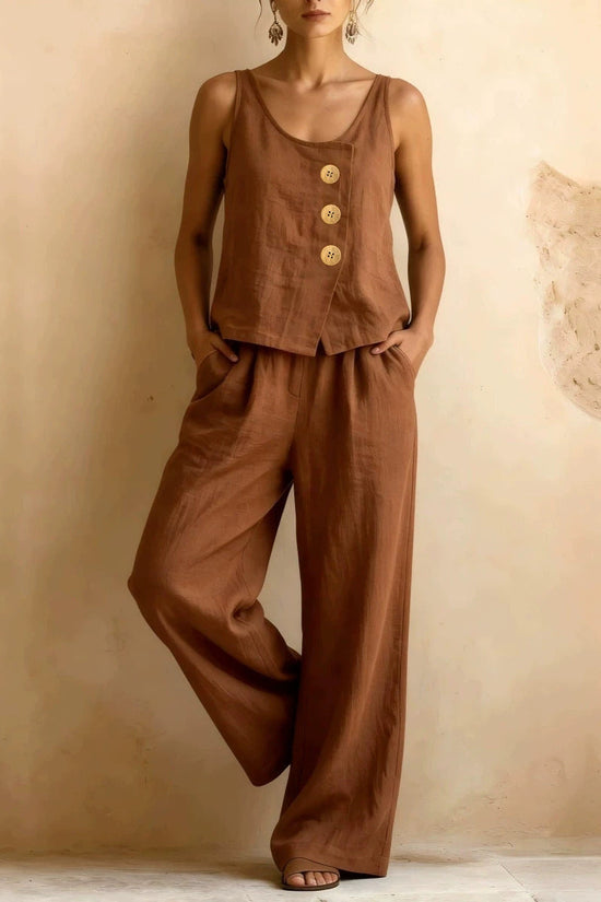 Women's Cotton Linen Sleeveless Tank Top & Pants Two-Piece Set 