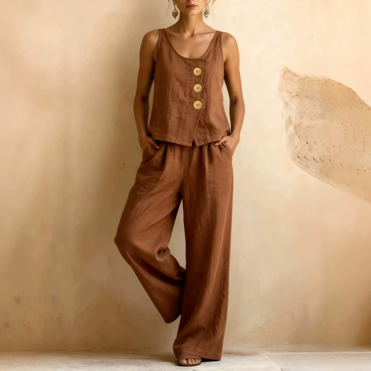 Women's Cotton Linen Sleeveless Tank Top & Pants Two-Piece Set 