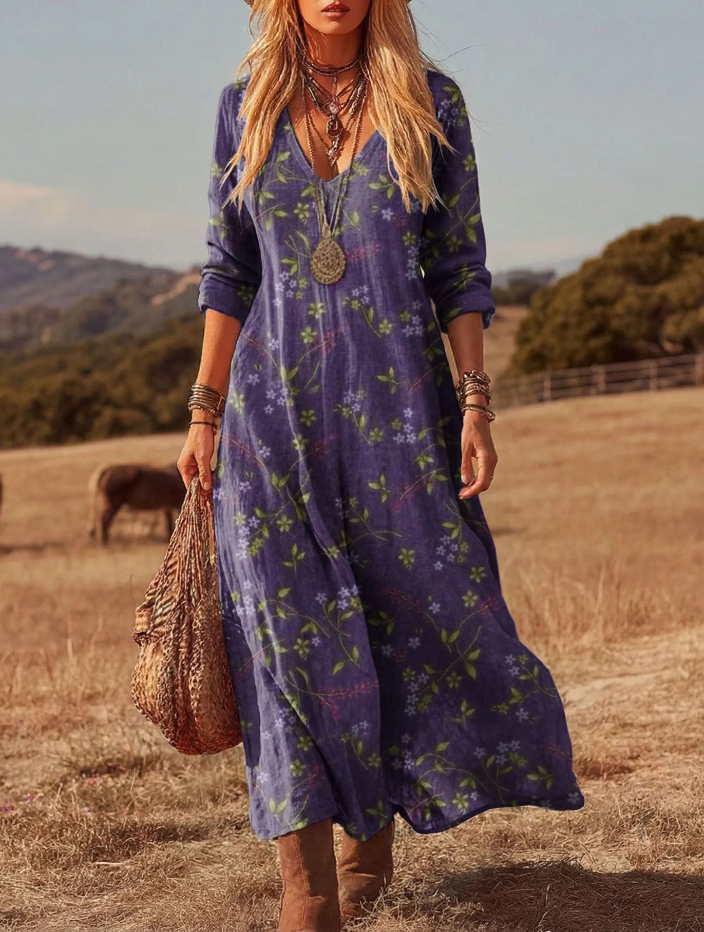 Personalized Retro Chic V-Neck Long-Sleeve Dress 