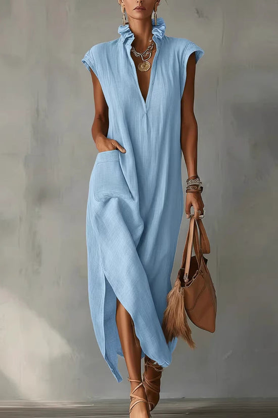 Women's Cotton-Linen Sleeveless Solid-Color Dress 