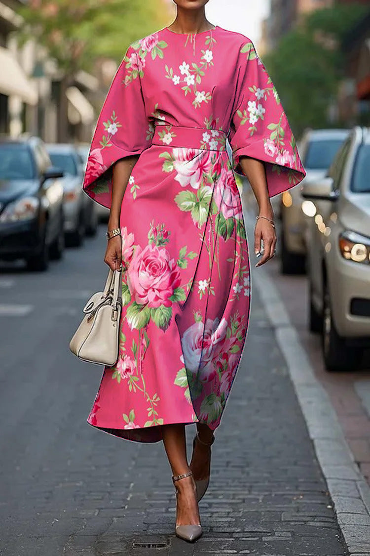 Women's Elegant Geometric Print Batwing Sleeve Round Neck Maxi Dress 