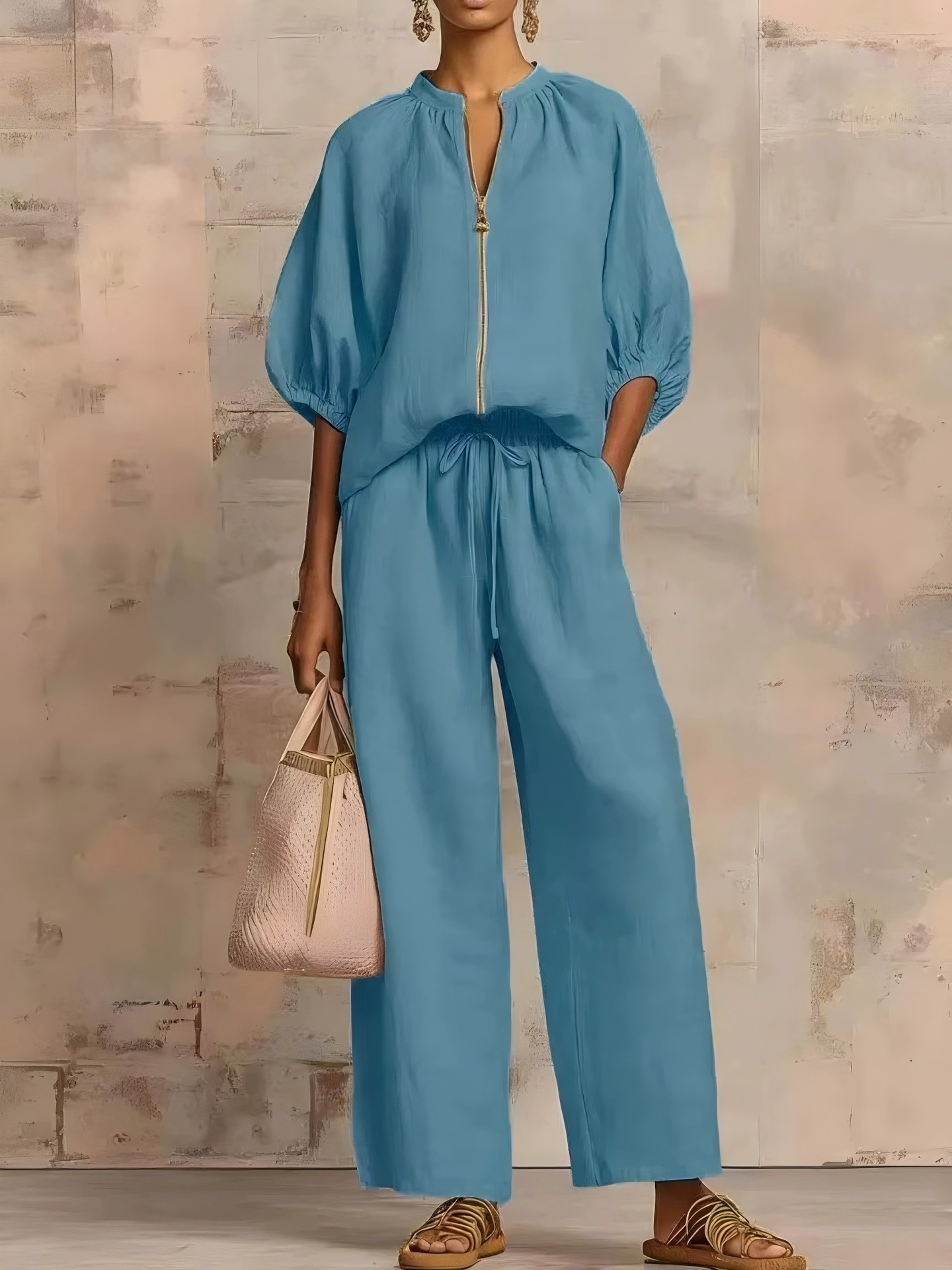 Summer Women's Casual Loose Solid Color Zipper Round Neck Wide Leg Pants Set 