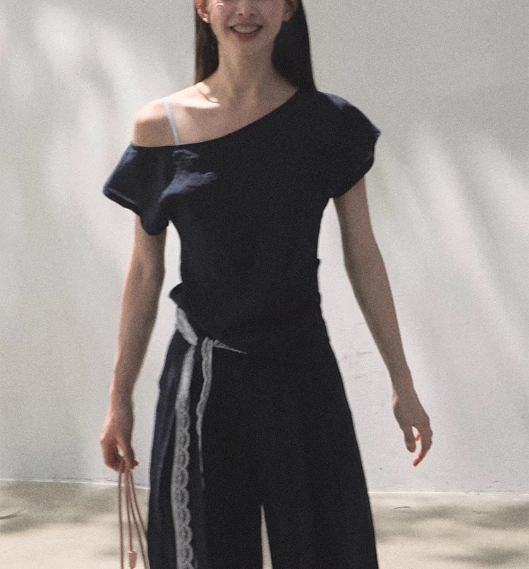 Linen Off-shoulder Short-sleeve Shirt Casual Set 
