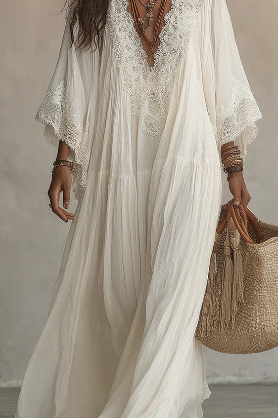 Lace patchwork V-neck long vacation beach dress 