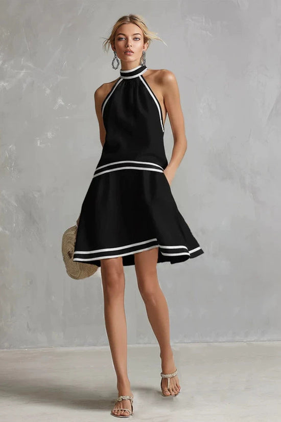 Choker Neck Fashion Short Dress with Striped Trim, Comfortable Sleeveless Fitted Dress 