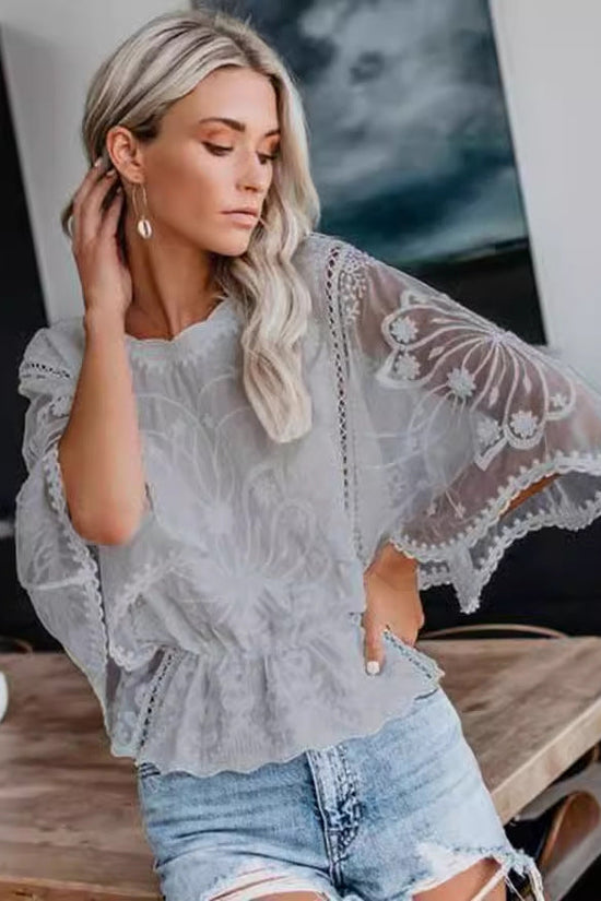 Womens New Arrival Lace Trim Top Short-Sleeve Shirt Loose Batwing Sleeve 