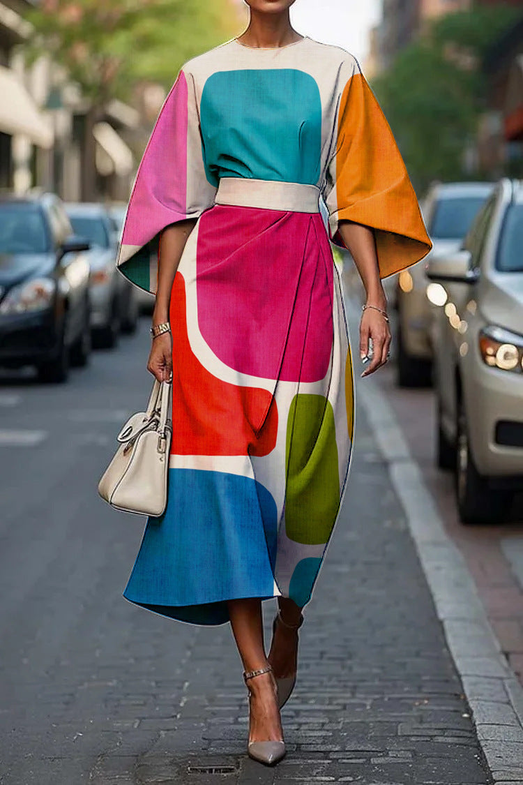 Women's Elegant Geometric Print Batwing Sleeve Round Neck Maxi Dress 