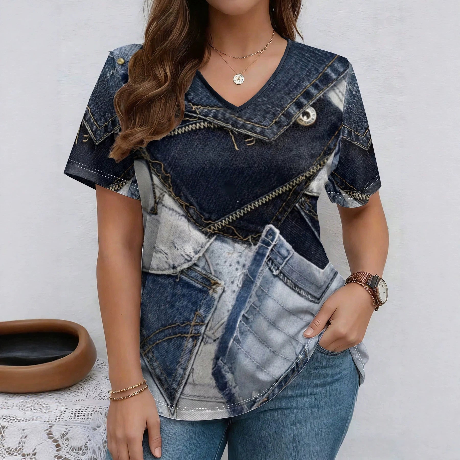 Womens Summer New V-Neck Denim Printed Short-Sleeve T-Shirt 