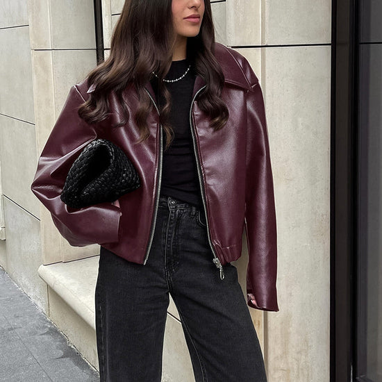 Vintage Style Women's Solid Color Faux Leather Jacket, Zip-Up Biker Jacket With Lapel Collar Casual Coat CJ US