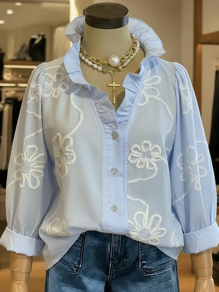 Lace-embroidered Cotton-linen Sweet Blouse 