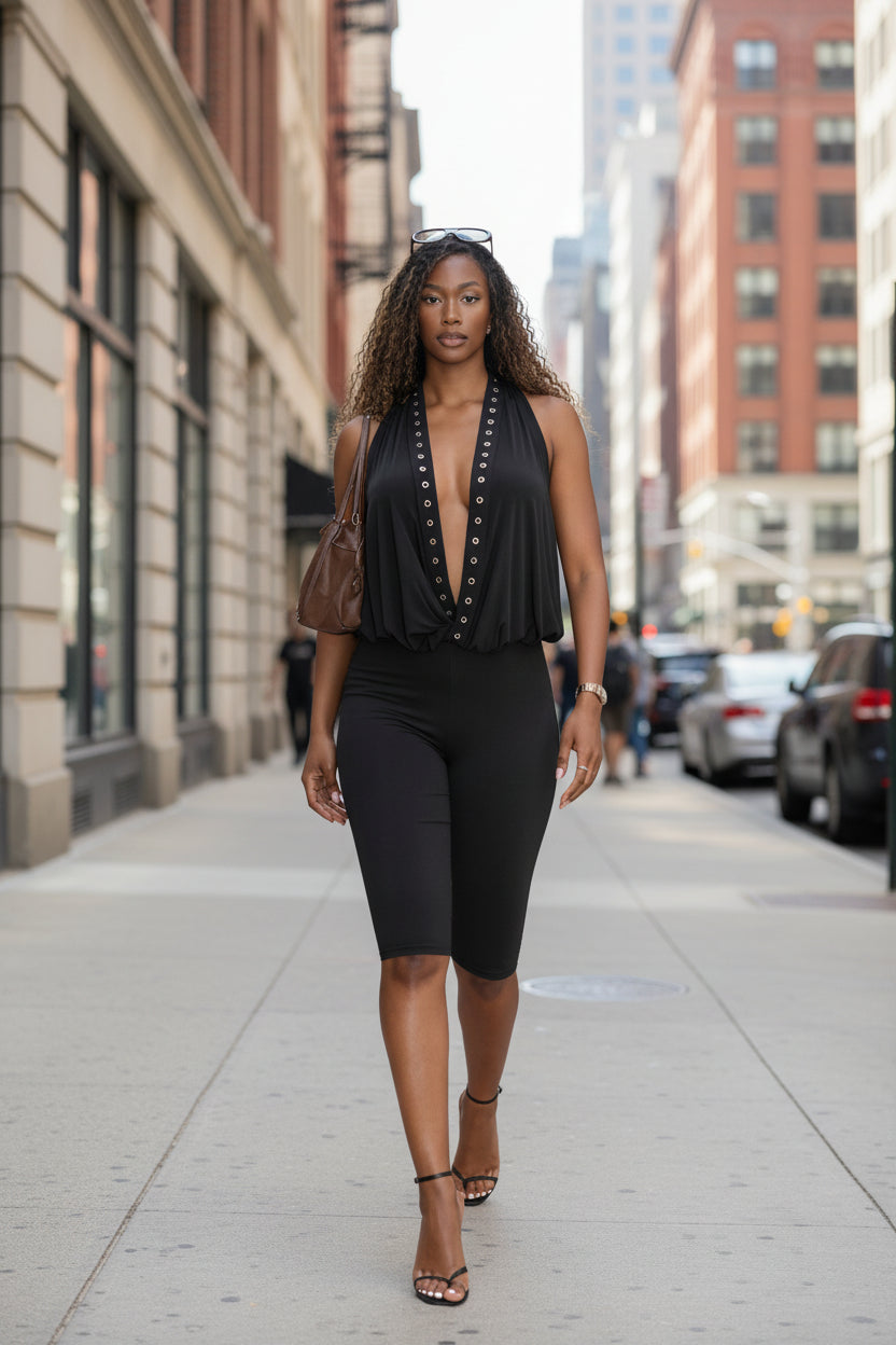 Womens Halter Deep V-Neck Rivet Eyelet Backless Cropped Jumpsuit 