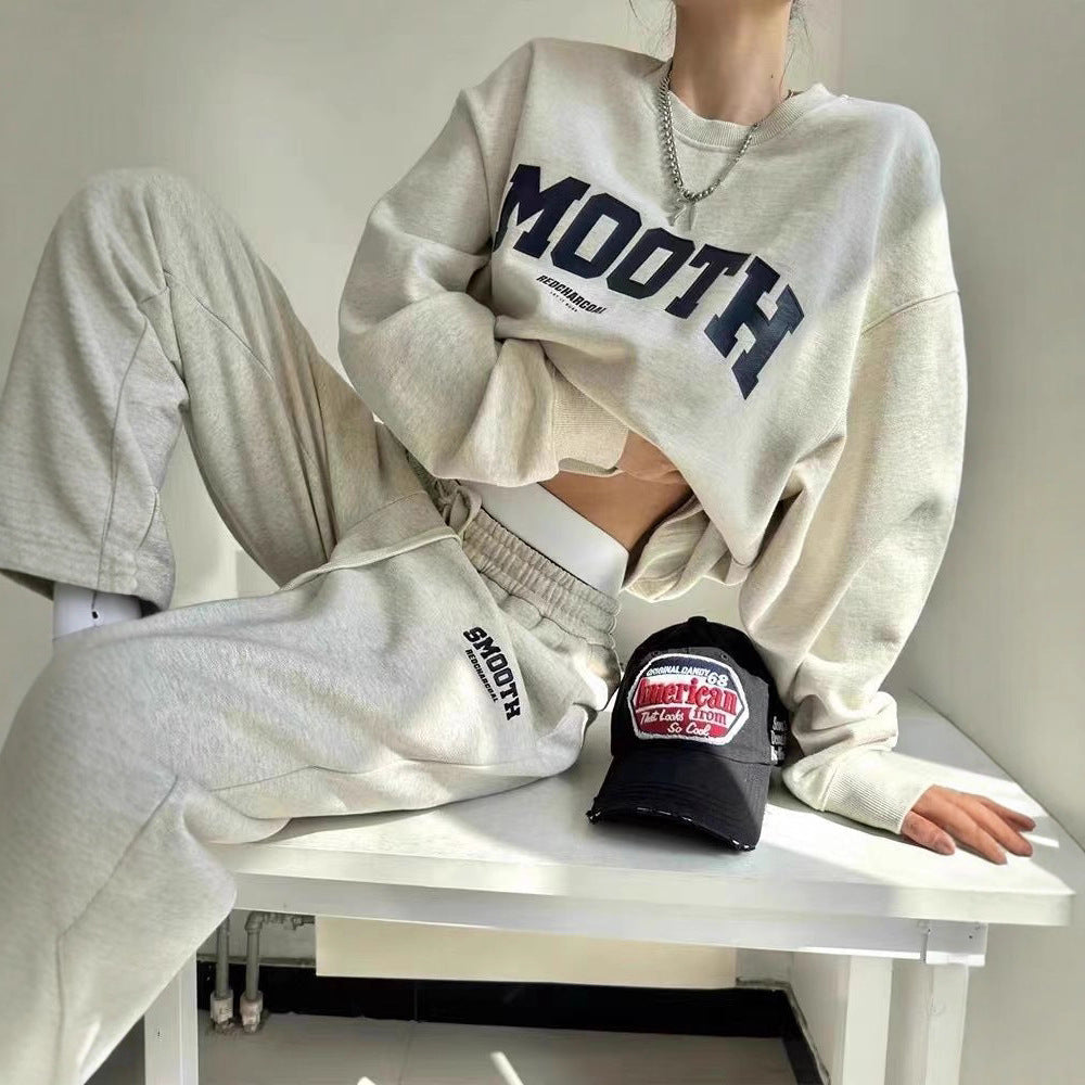 Gray Hoodie And Pants Fashion Running Two-piece Set Trendy 