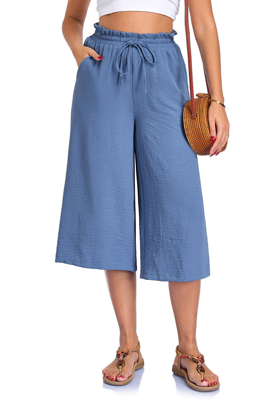 Women's Solid Color All-Match Elastic Cropped Pants Loose Wide-Leg Trousers 
