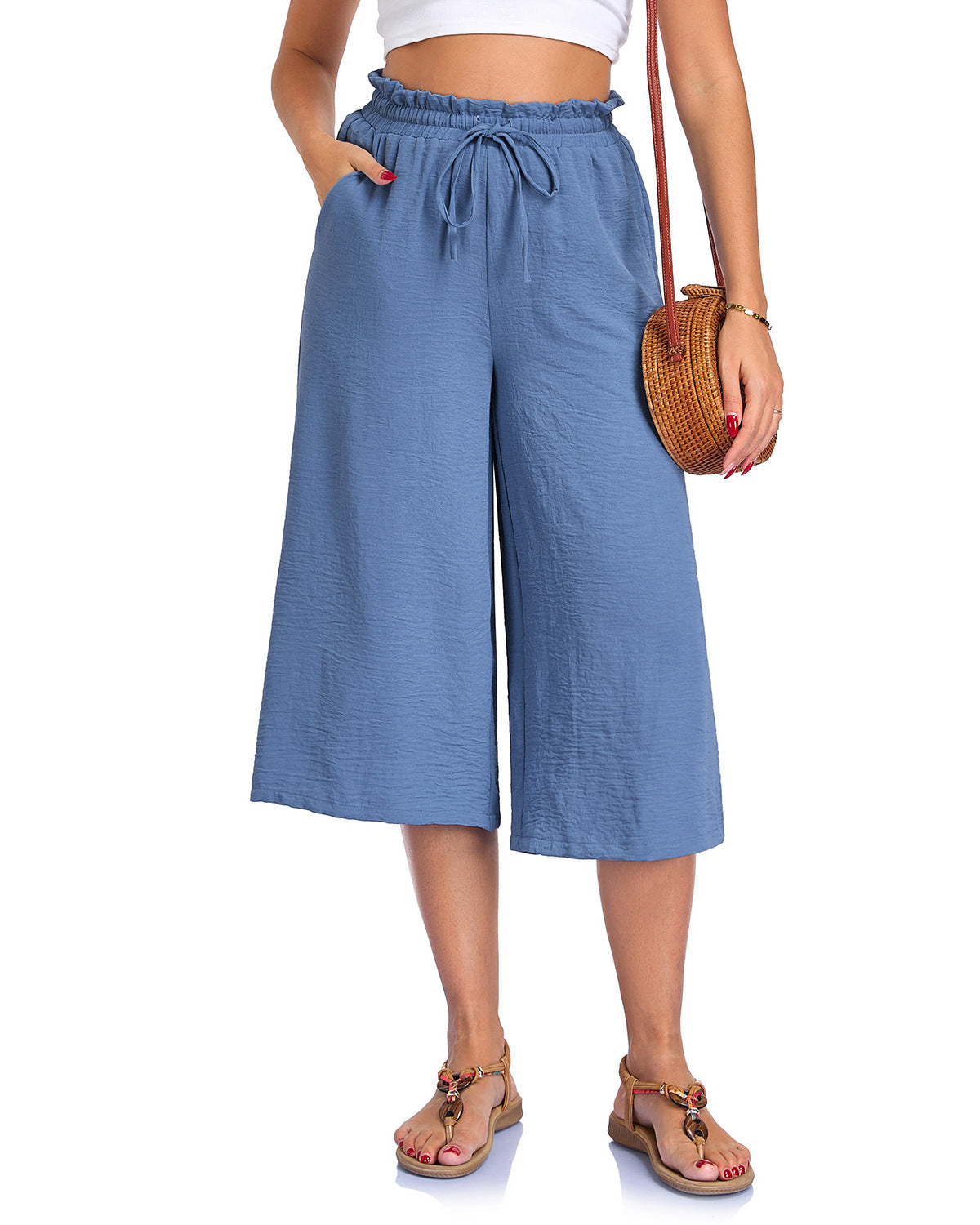 Women's Solid Color All-Match Elastic Cropped Pants Loose Wide-Leg Trousers 