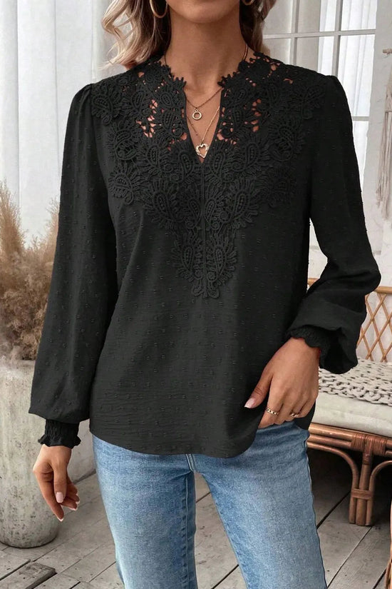 Swiss Dot Lace Detail Notched Long Sleeve Blouse 