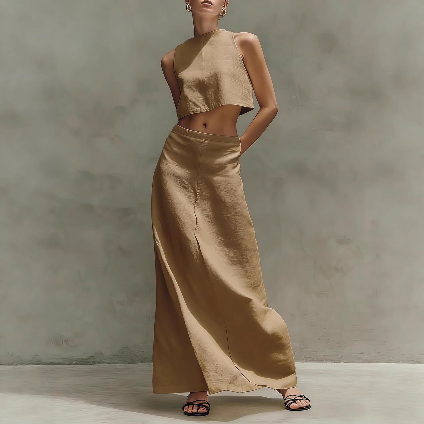 Summer Stylish Slimming Sleeveless Maxi Dress Elegant Two-Piece Set 