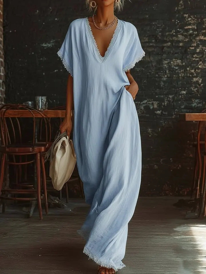 European And American Style Casual Elegant Comfortable Lace-trimmed Loose Linen Cotton Long Dress 