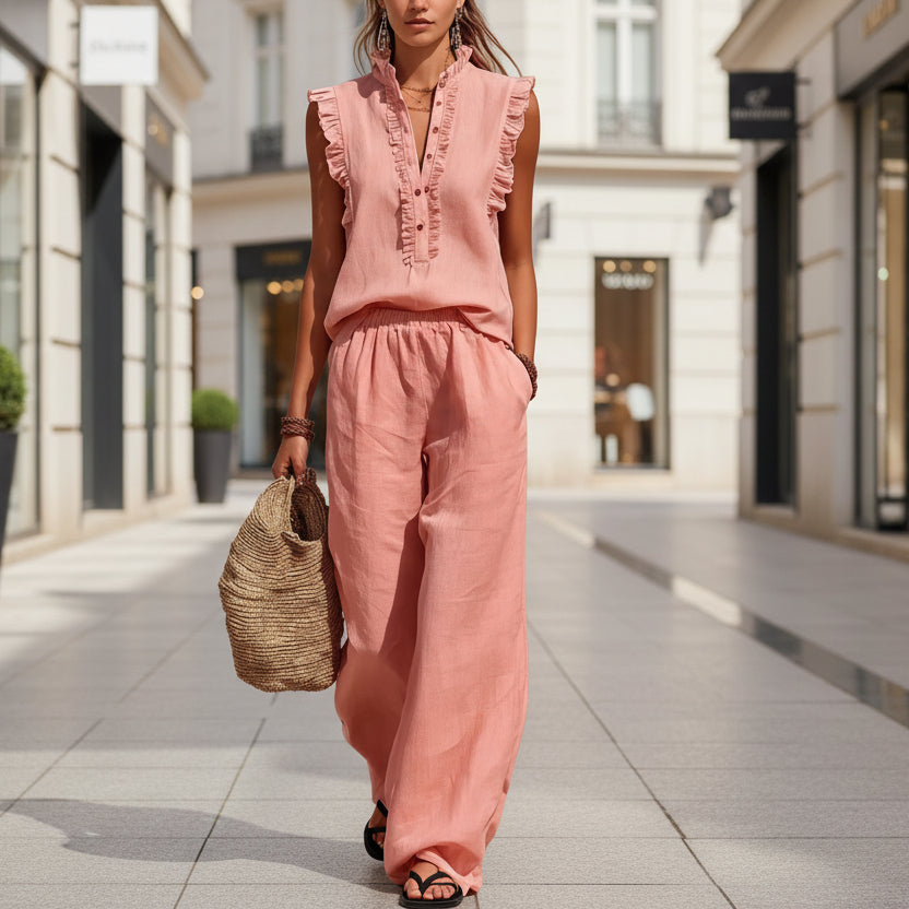 Sleeveless Ruffled V-neck Top And Elastic-waist Wide-leg Pants 