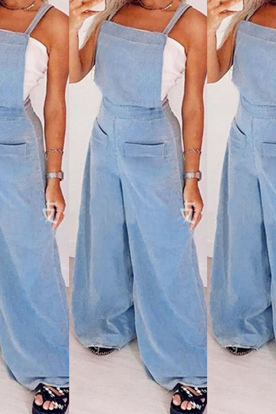 Women’s Crew Neck Sleeveless Wide-Leg Denim Jumpsuit 