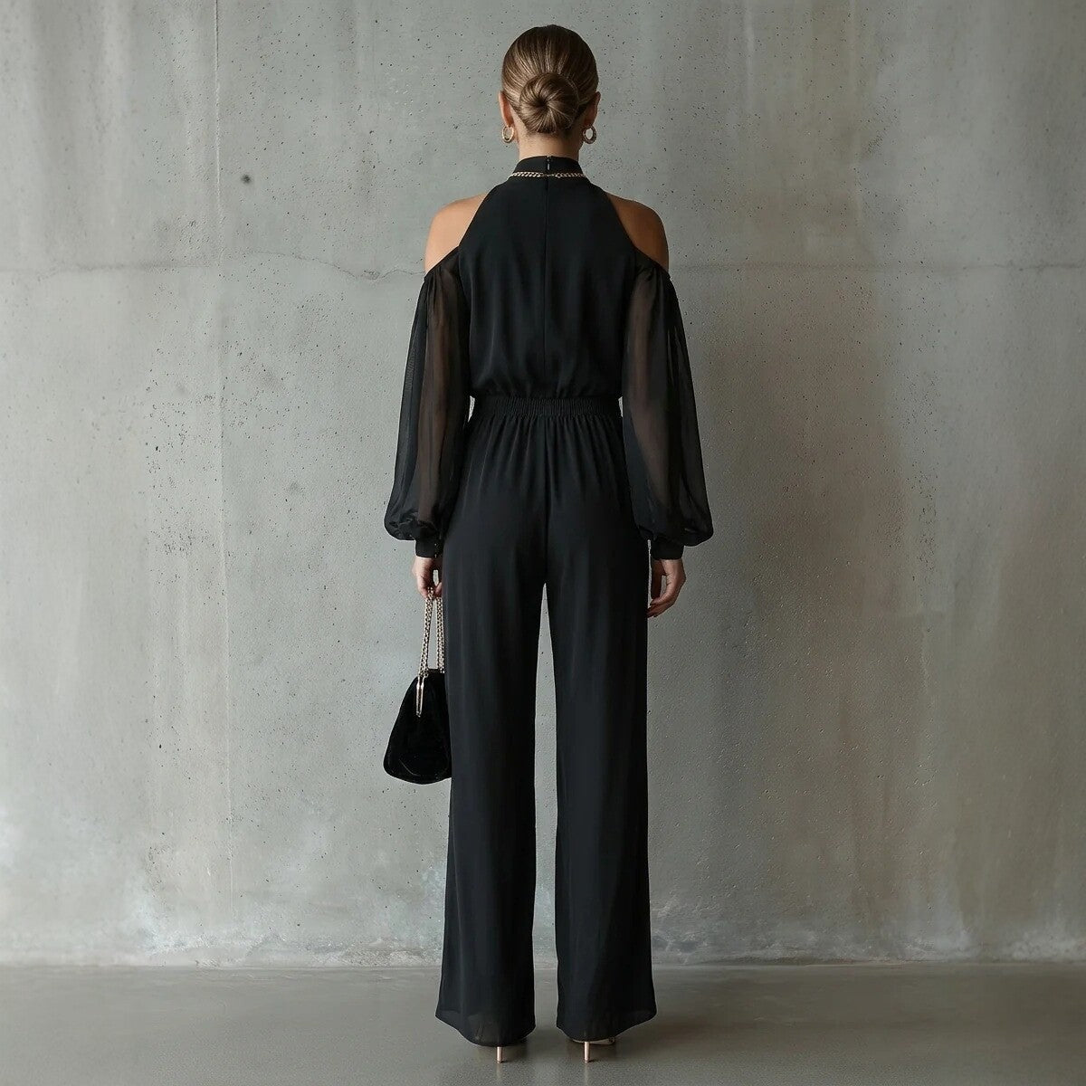 Black Embroidered Womens Long-Sleeve Wide-Leg Jumpsuit 