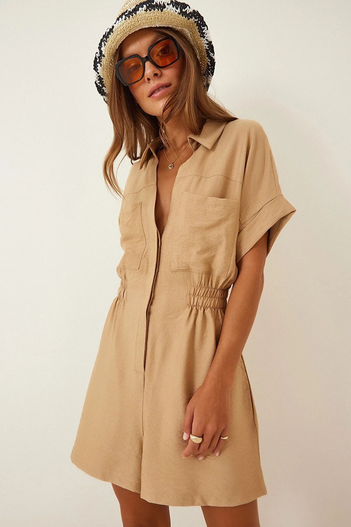 Workwear Jumpsuit Loose-fitting Figure-flattering Made Of Cotton And Linen 