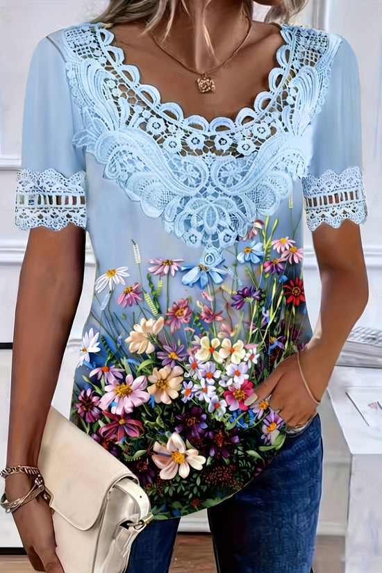 Women's Lace-Patchwork Crew-Neck Short-Sleeve T-Shirt 