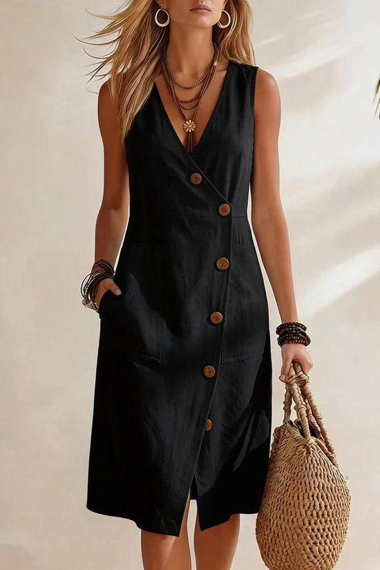 Resort-style V-neck Sleeveless Asymmetrical-button Midi Dress 