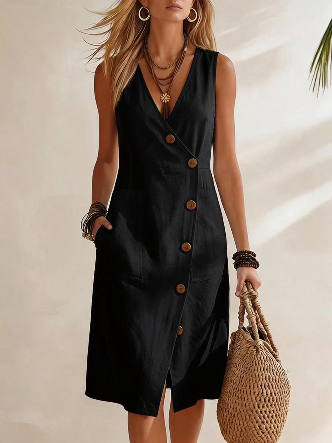 Resort-style V-neck Sleeveless Asymmetrical-button Midi Dress 
