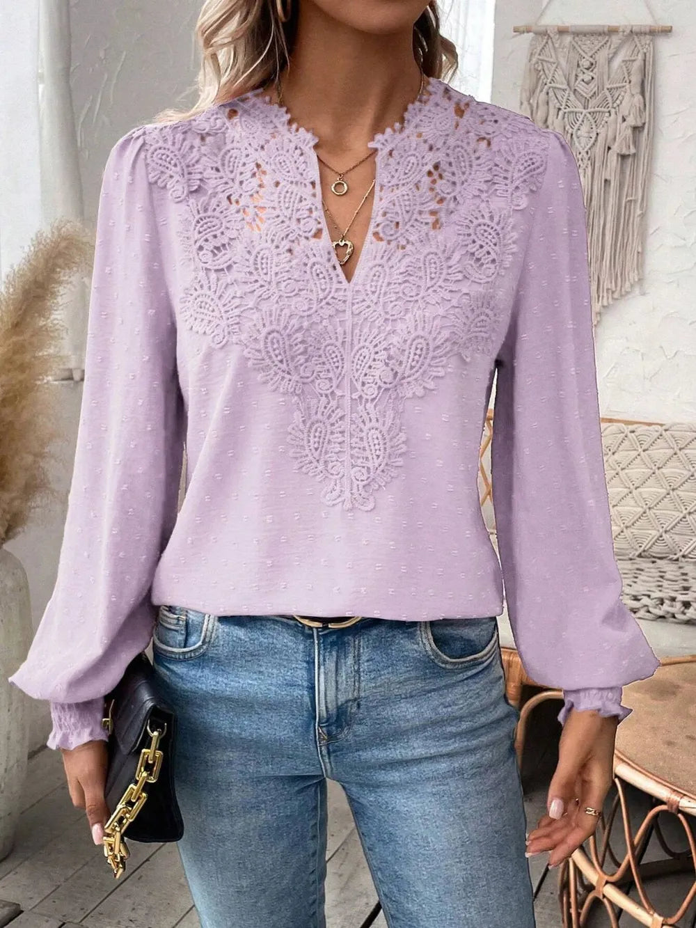 Swiss Dot Lace Detail Notched Long Sleeve Blouse 