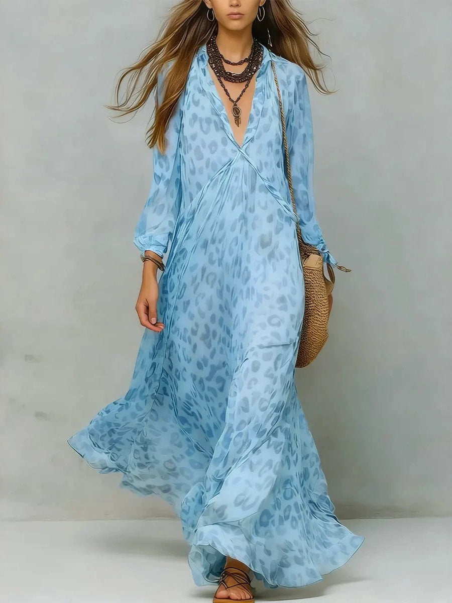 Leopard Print Chiffon Long Dress Deep V-Neck Three-Quarter Sleeve Flared Beach Vacation Dress 