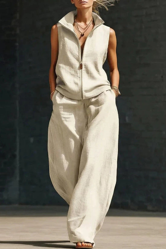 Sleeveless Stand Collar Zippered Linen Cotton Two-Piece Set 