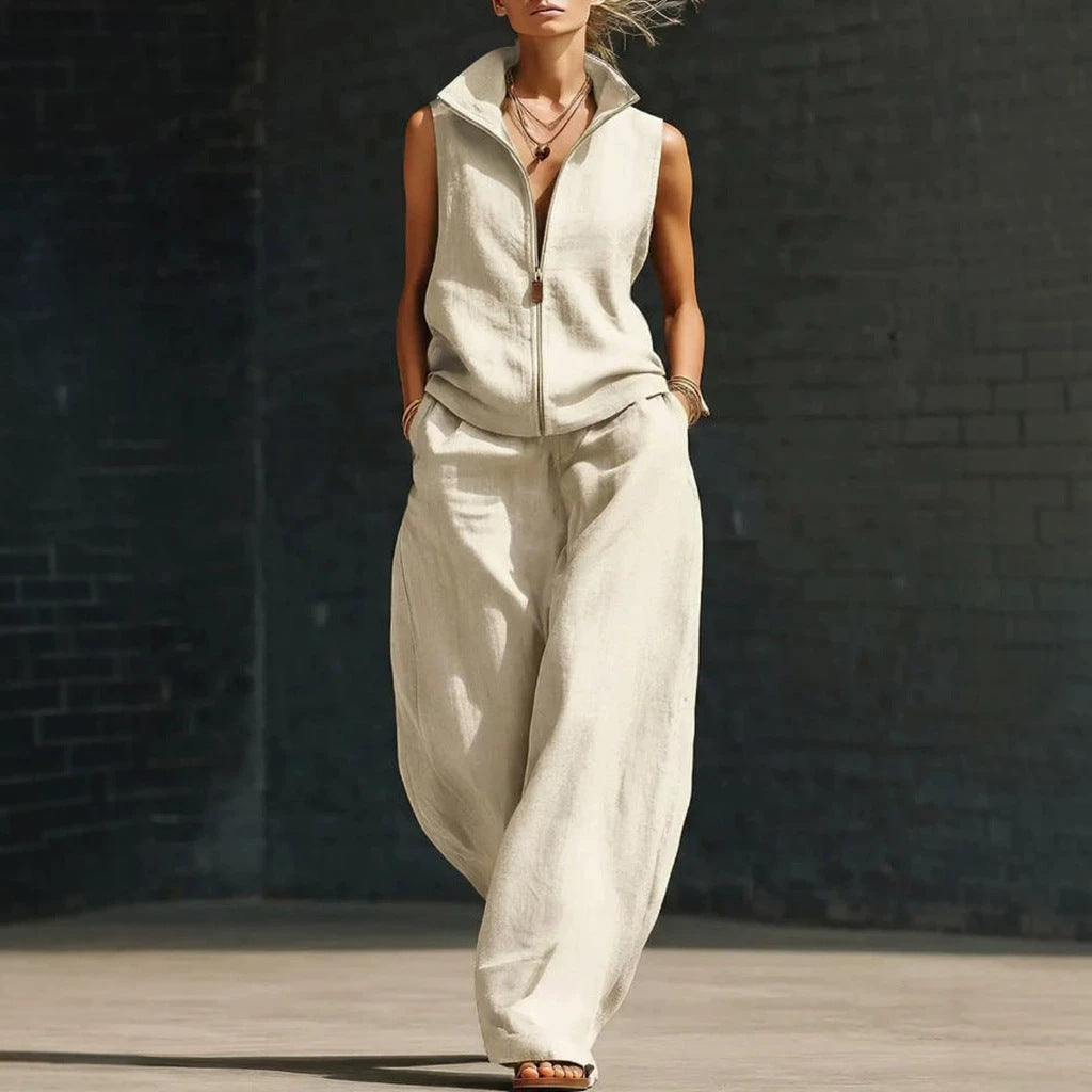 Sleeveless Stand Collar Zippered Linen Cotton Two-Piece Set 