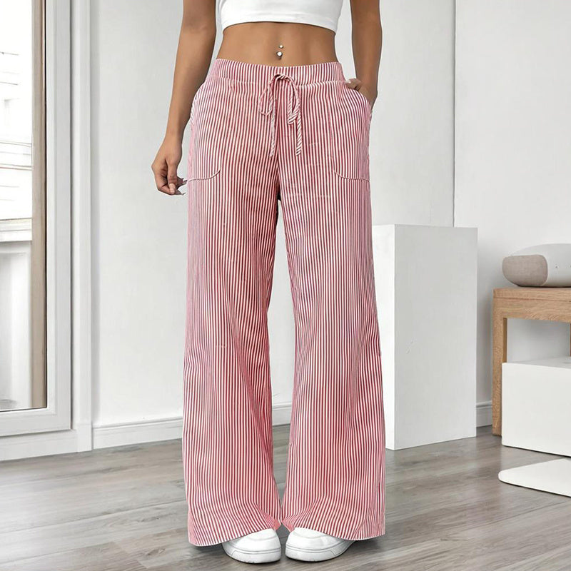 Women's Striped Print Straight Wide Leg Pockets Pants Casual Long Pants CJ US