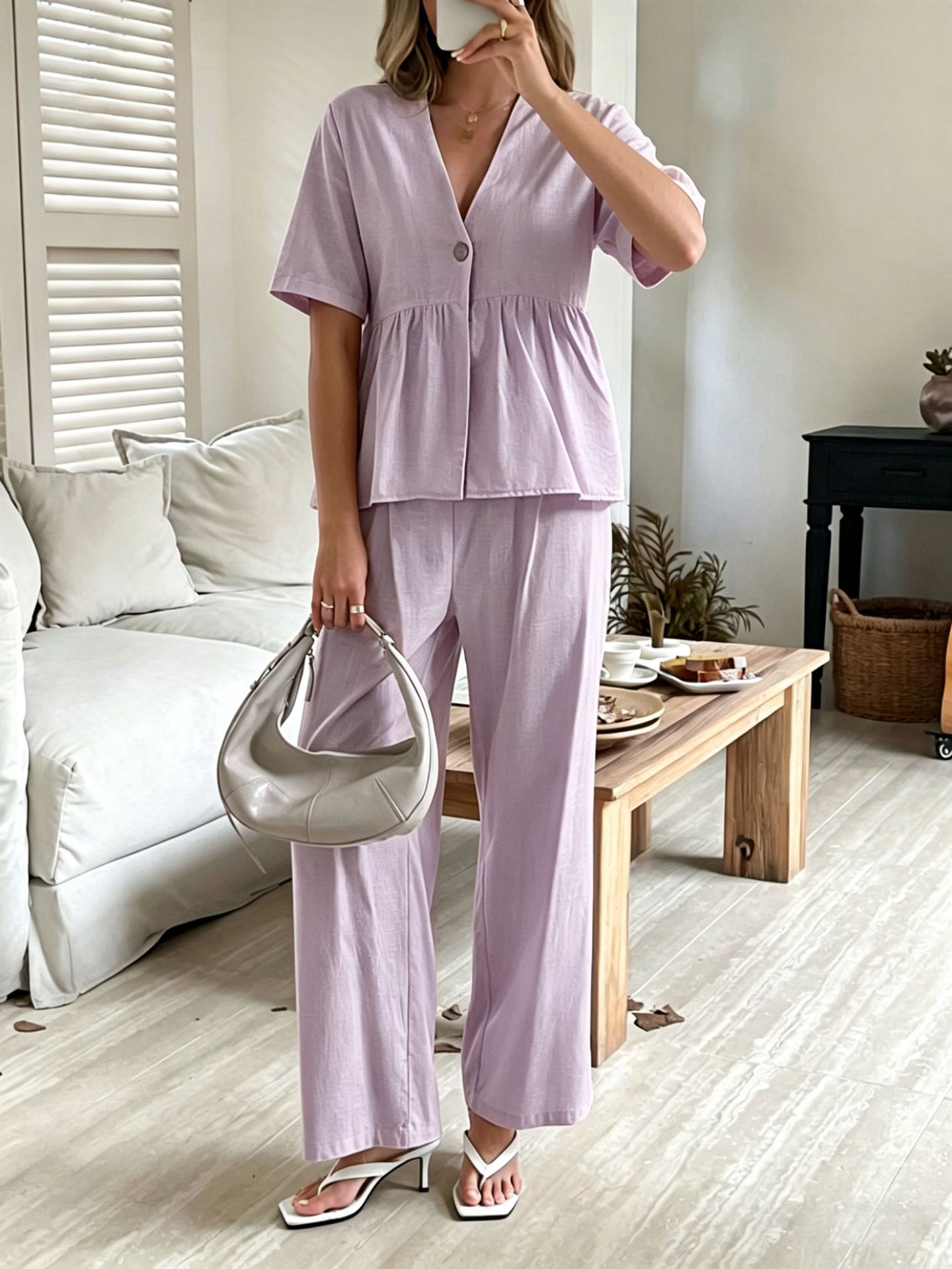 V-neck Loose-fit Short-sleeve Top And Wide-leg Pants Two-piece Set 