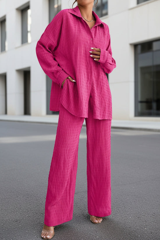 Summer New European And American Style Pleated Long-Sleeve Lapel Loose Two-Piece Set 