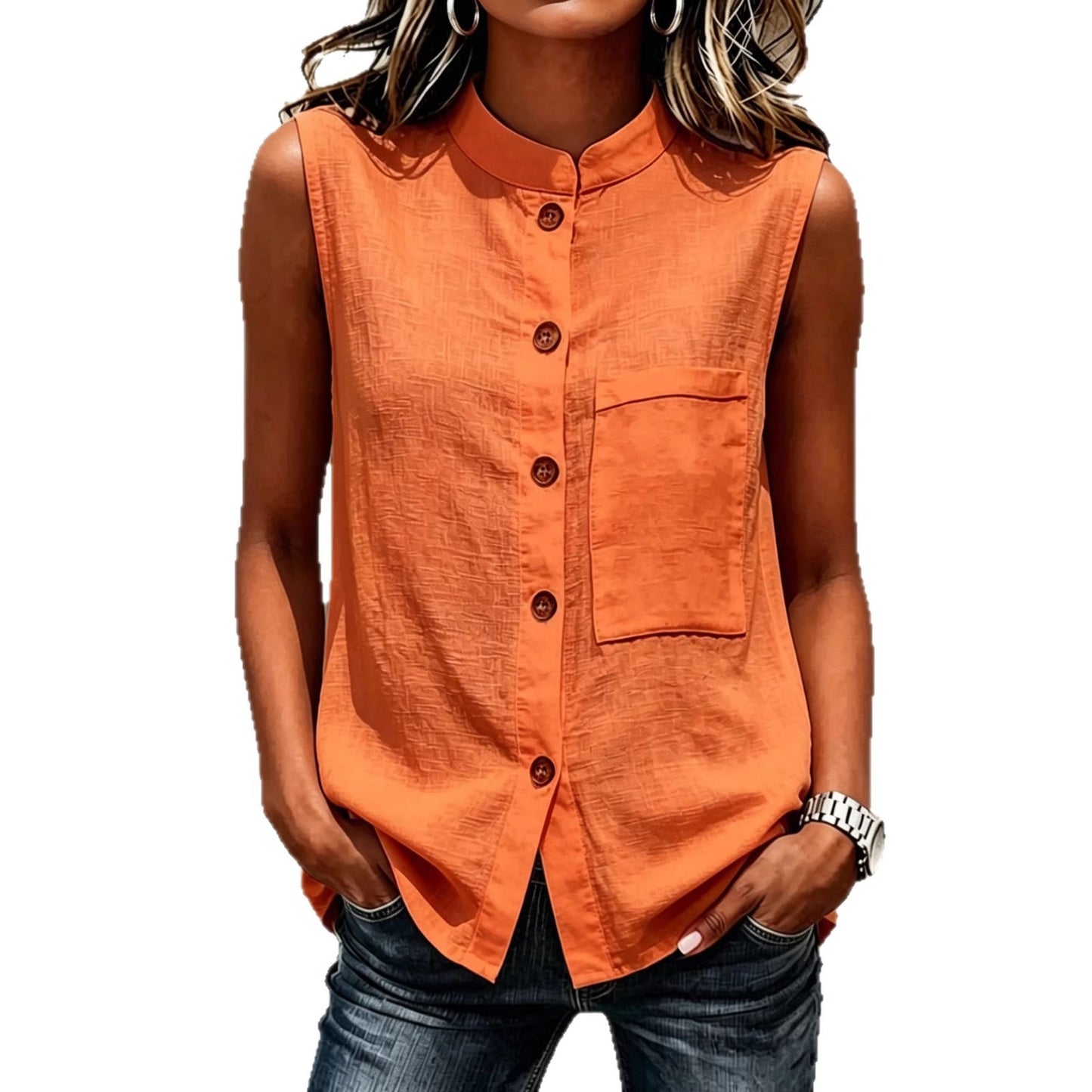 Fashionable Casual Solid-color Top With Buttoned Pockets 