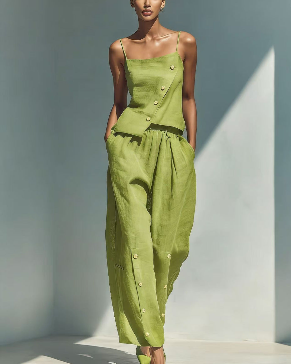 Gold-buckle Decorated Camisole And Pants Set 