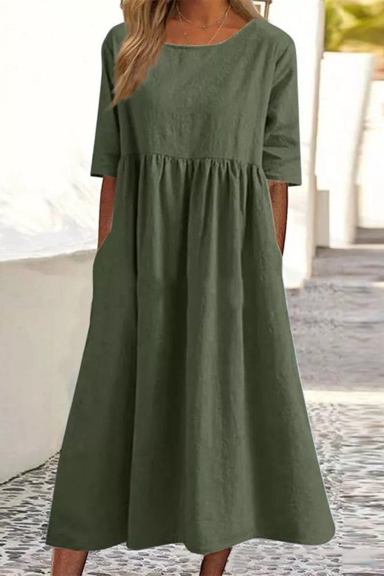 Plus Size Loose Cotton Linen Dress, Round Neck  Sleeve Midi Dress With Pockets 