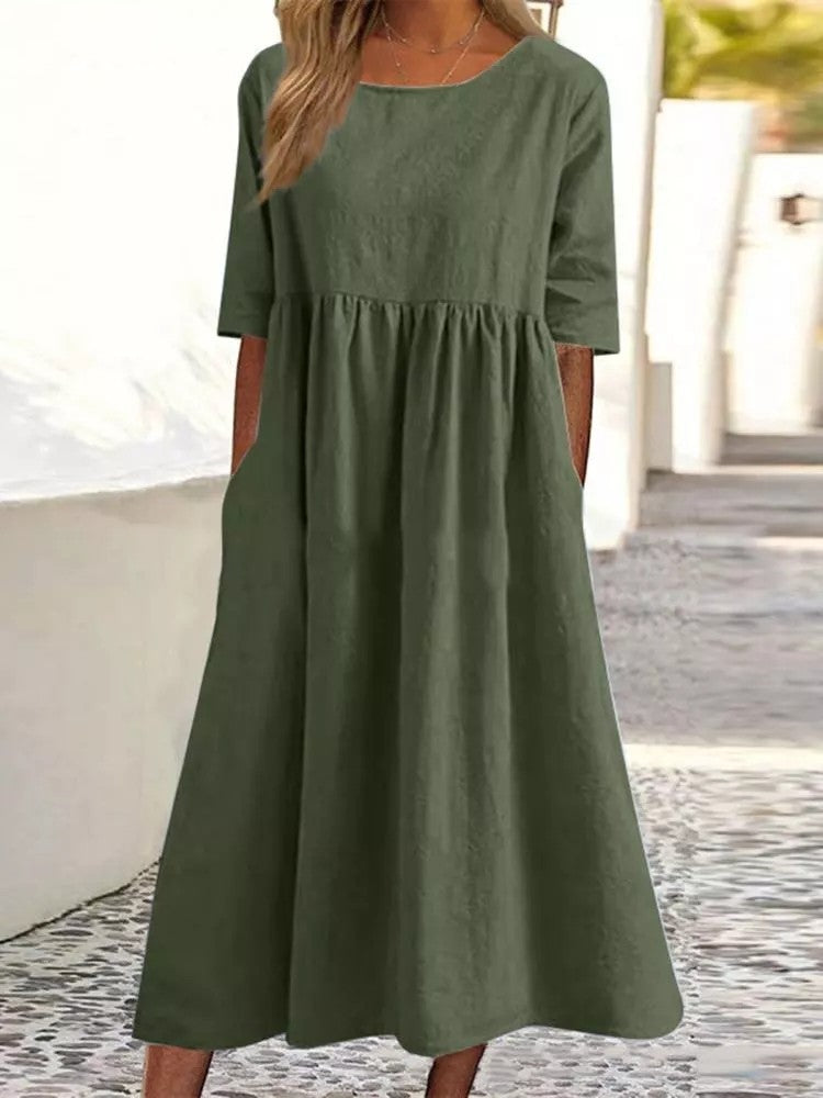 Plus Size Loose Cotton Linen Dress, Round Neck  Sleeve Midi Dress With Pockets 