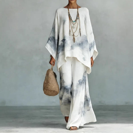 Women's Floral Print Linen Wide-Leg Two-Piece Set 