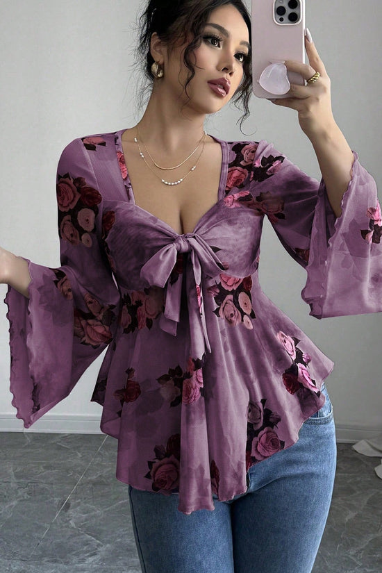 Sweet Floral Ombre Tie-Back Square Neck Long Sleeve Blouse 