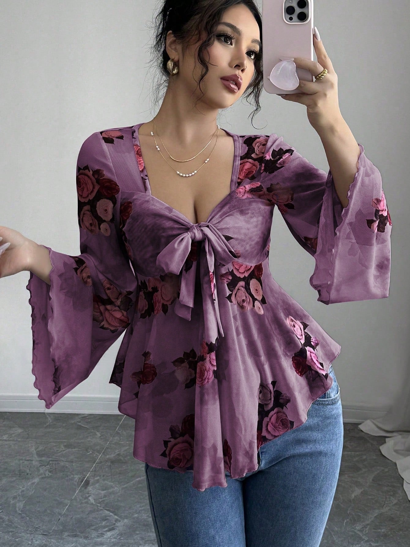 Sweet Floral Ombre Tie-Back Square Neck Long Sleeve Blouse 