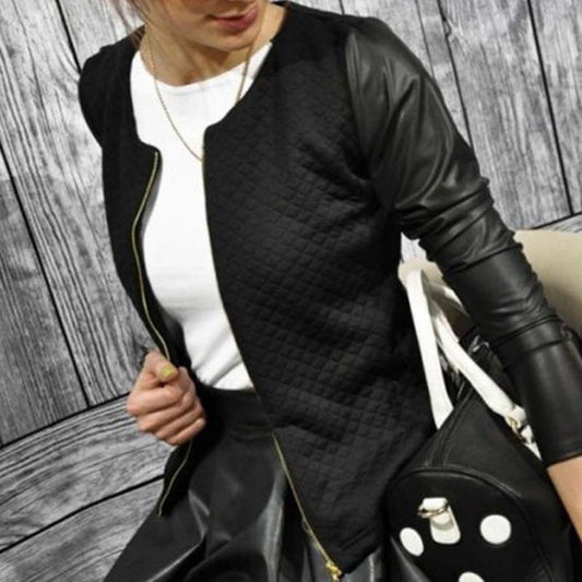 Female Outwear PU Leather Patchwork Spring Autumn Plaid Women Thin Coats Short Jackets Casual Slim Blazers Suit Cardigans CJ