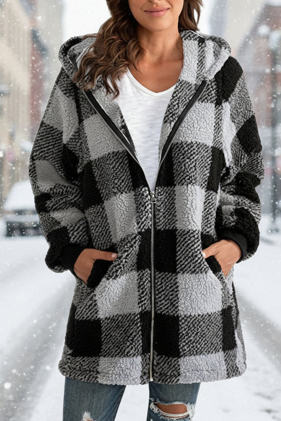 Women's Plaid Hooded Jacket, Long Sleeve Zip Up Oversized Coat With Pockets For Winter Casual And Commute CJ US