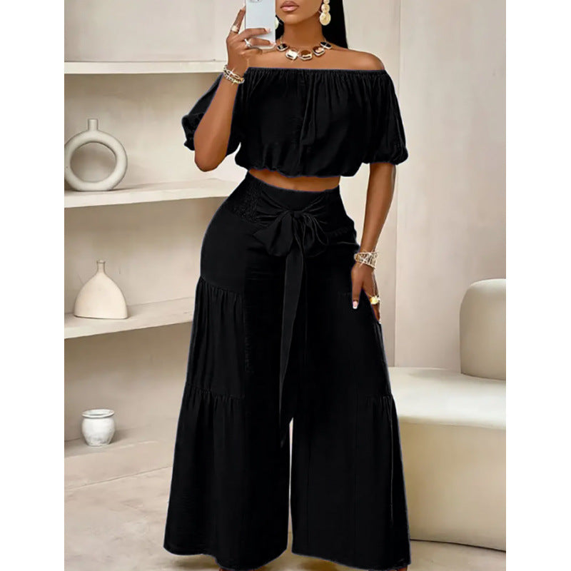 High-waisted Solid-color Flared Pants With Tie Detailing And A Flowing Drape 