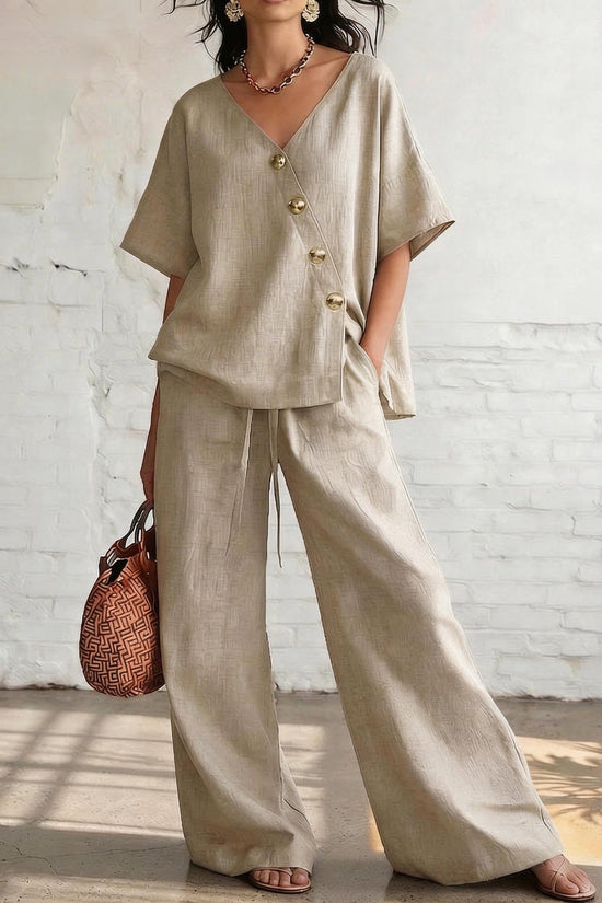 Casual Vacation Loose Cotton-Linen V-Neck Wide-Leg Pants Two-Piece Set 